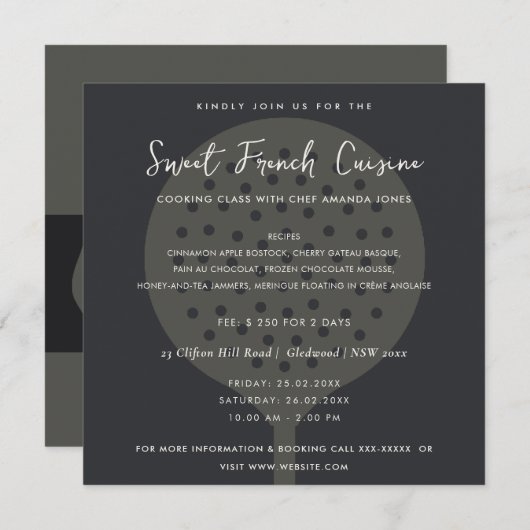 MODÈLE INVITATION DE CLASSE DE CUISINE DE LA PLAQU (Devant / Derrière)