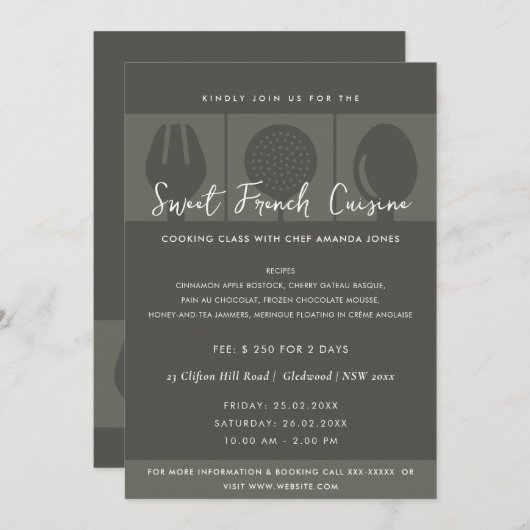 MODÈLE INVITATION DE CLASSE DE CUISINE DE LA PLAQU (Devant / Derrière)