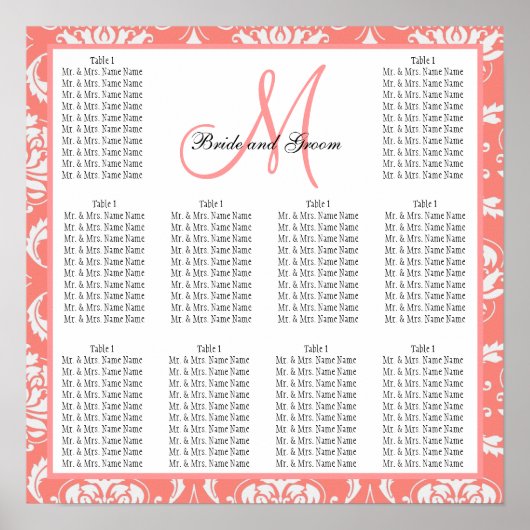 Modèle Mariage Tableau de siège Damask Coral rose (Devant)