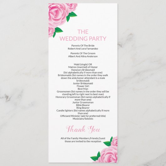 Modèles de programme de mariage pour cérémonie (Dos)