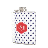 Modelmonogram chroomblauwe en witte poka dots heupfles (Links)