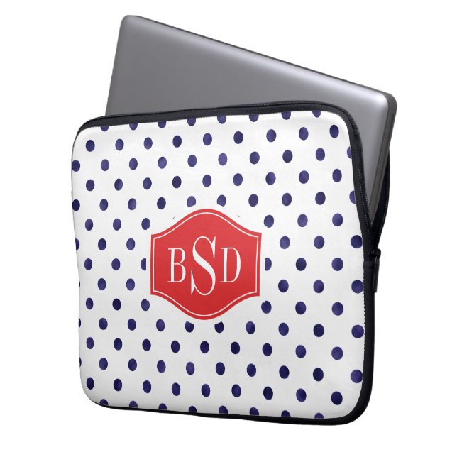 Modelmonogram chroomblauwe en witte poka dots laptop sleeve (Voorkant Links)