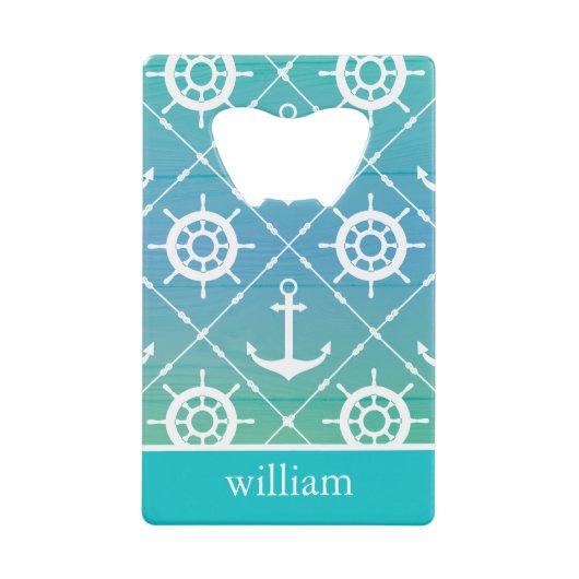 Modelontwerp van Turquoise Nautical Pattern Kredietkaart Flessenopener (Voorkant)