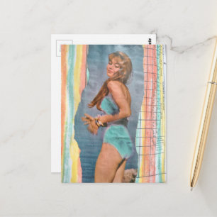 Modemodel Vrouw in 1957 op het strand collage Briefkaart