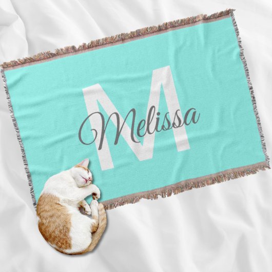 moder chic minimalist monogram turquoise aqua blau deken