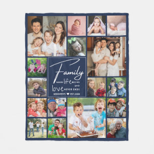 Modern 17 Photo Collage Familienaam Quote Blauw Fleece Deken