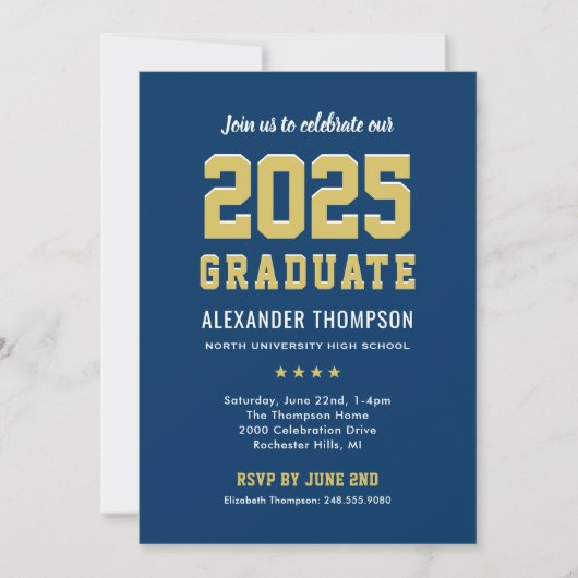 Modern 2025 Afstuderen Navy Gold Graduation Party Kaart (Voorkant)