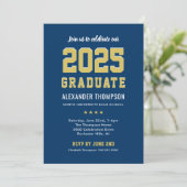 Modern 2025 Afstuderen Navy Gold Graduation Party Kaart (Staand voorkant)