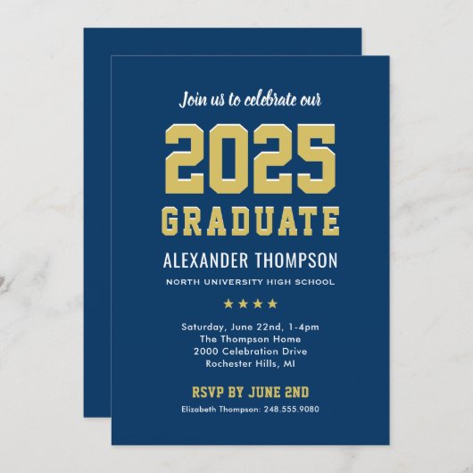 Modern 2025 Afstuderen Navy Gold Graduation Party Kaart (Voorkant / Achterkant)