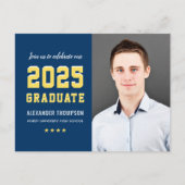 Modern 2025 Afstuderen Navy Yellow Photo Afstudere Uitnodiging Briefkaart (Voorkant)
