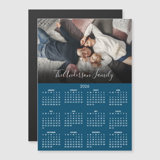 Modern 2026 Calendar Family Photo Blue Magnet (Devant / Derrière)