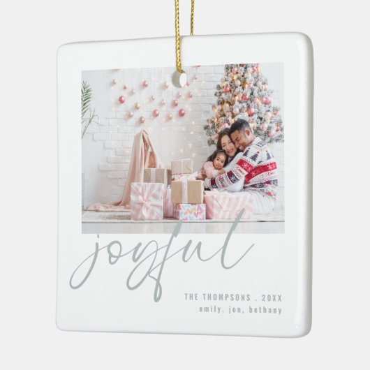 Modern 2 foto Joyful Blue Script Kerstmis Keramisch Ornament (Links)