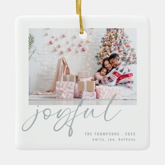 Modern 2 foto Joyful Blue Script Kerstmis Keramisch Ornament (Voorkant)