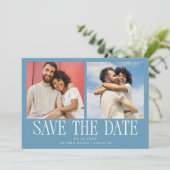 Modern 2-Photo Denim Blue Wedding Save The Date (Staand voorkant)