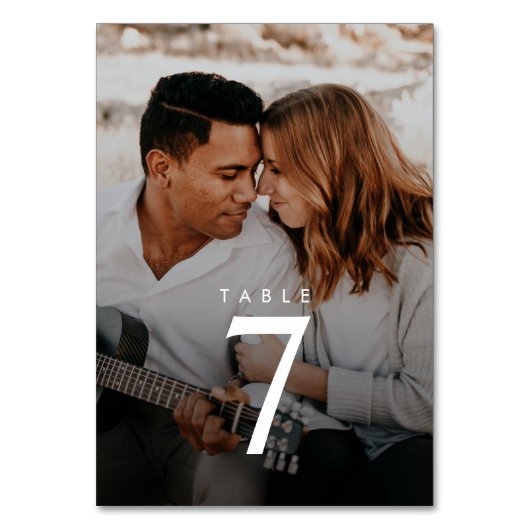 Modern 2-Photo Wedding Table Number Kaart (Voorkant)