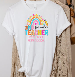 Modern 2e graad Rainbow Teacher School Name T-shirt