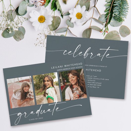 Modern 3 Foto Afstuderen donker Blauwgroen Aankondiging