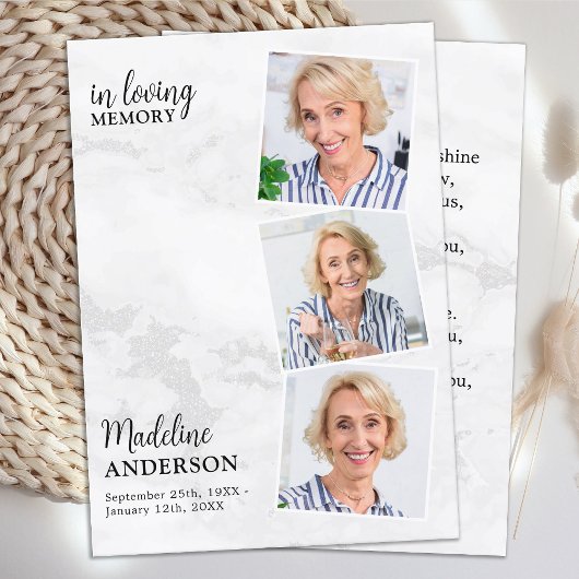 Modern 3 Foto Memorial Funeral Prayer Kaart Marble Contactkaartje