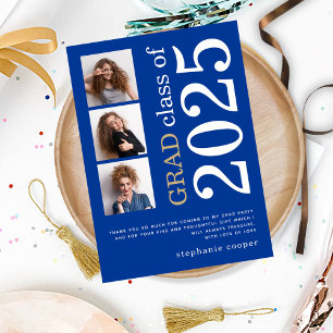 Modern 3 foto Vet Tekst 2024 Blauw Afstuderen Bedankkaart