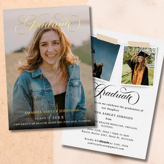 Modern 3 foto wit script Afstuderen Folie Uitnodiging