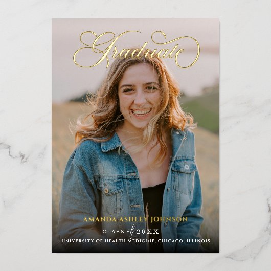 Modern 3 foto wit script Afstuderen Folie Uitnodiging (Voorkant)