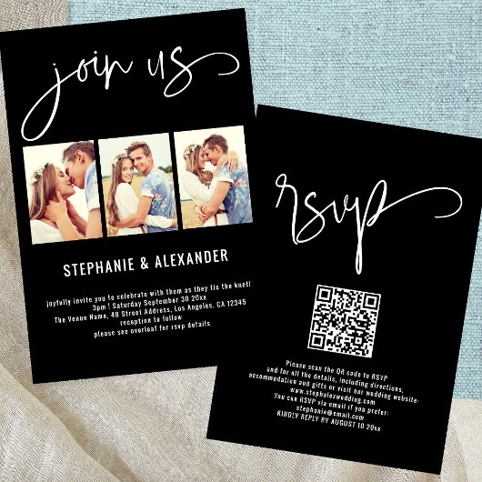 Modern 3 foto's Join Us Script Wedding Black Kaart