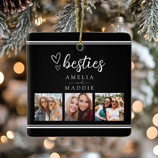 Modern 3 Photo Collage Besties Black and White Keramisch Ornament