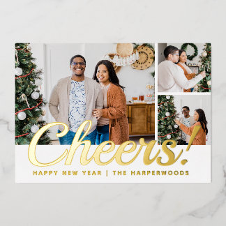 Modern 3 Photo Collage Cheers Happy New Year  Folie Feestdagenkaart