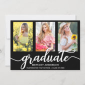 Modern 3 Photo Graduation Party Invitation BW Kaart (Voorkant)