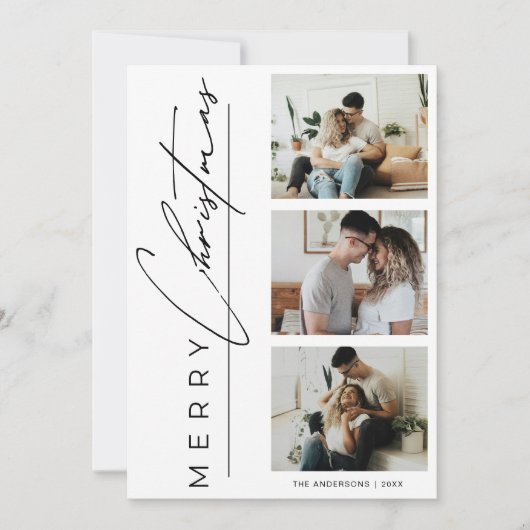 Modern 3 Photo Minimalist Merry Christmas Script Feestdagenkaart (Voorkant)