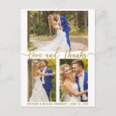 Modern 3 Photo Wedding Love and Bedankt Gold Scrip Briefkaart (Voorkant)