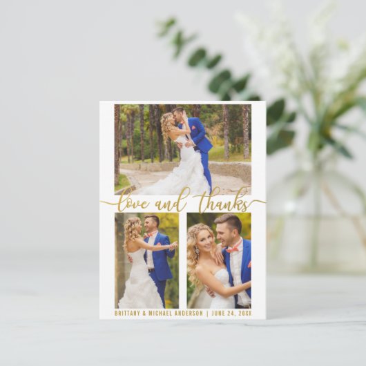 Modern 3 Photo Wedding Love and Bedankt Gold Scrip Briefkaart (Staand voorkant)