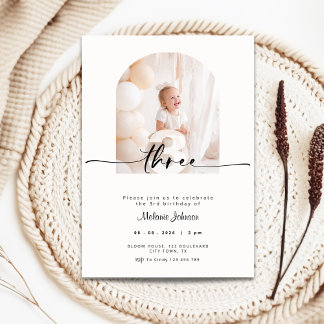 Modern 3rd Birthday Invitation Photo Cream Kaart