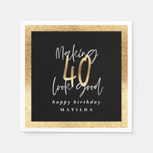 Modern 40 zwart-gouden typografie verjaardagsfeest servet (Voorkant)