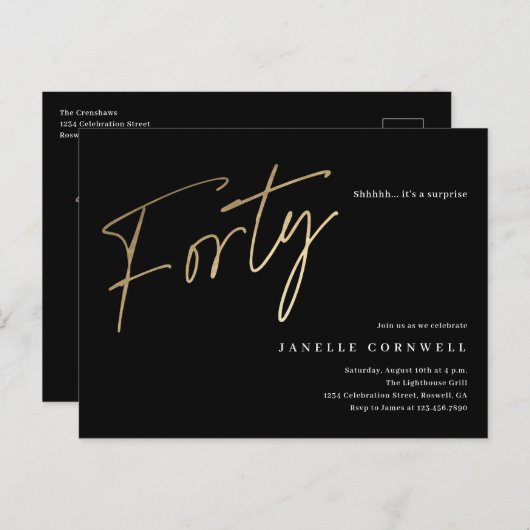 Modern 40e verjaardag eenvoudig elegant script uitnodiging briefkaart (Voorkant / Achterkant)