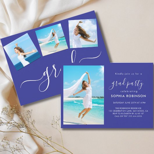 Modern 4 foto collage afstudeerfeest blauw kaart
