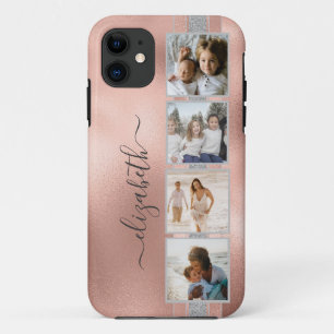 Modern 4 Foto Collage Roos Gold Name iPhone 11 Hoesje