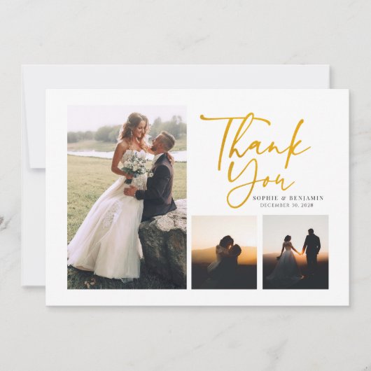 Modern 4-foto Gold Hand-Lettered Wedding Bedankkaart (Voorkant)