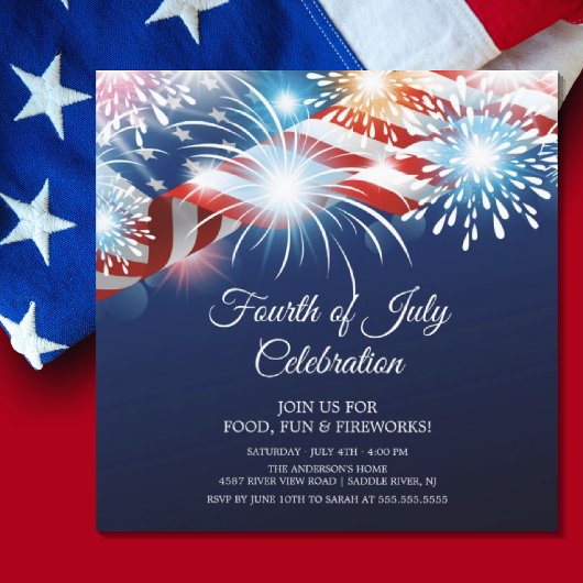 Modern 4 juli Fireworks Invitation Kaart