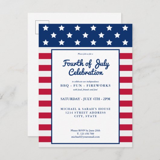 Modern 4 juli: rood wit en blauw uitnodiging briefkaart (Voorkant / Achterkant)