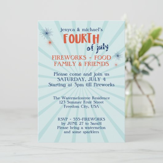 Modern 4 juli Vuurwerk Feest Uitnodiging (Staand voorkant)