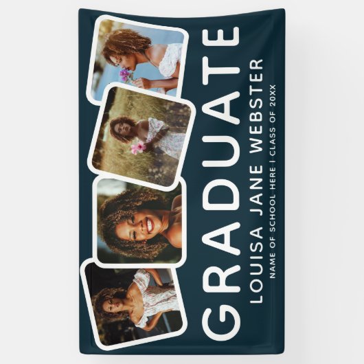 Modern 4 Photo Collage Afstuderen Afstuderen Navy Spandoek (Verticaal)