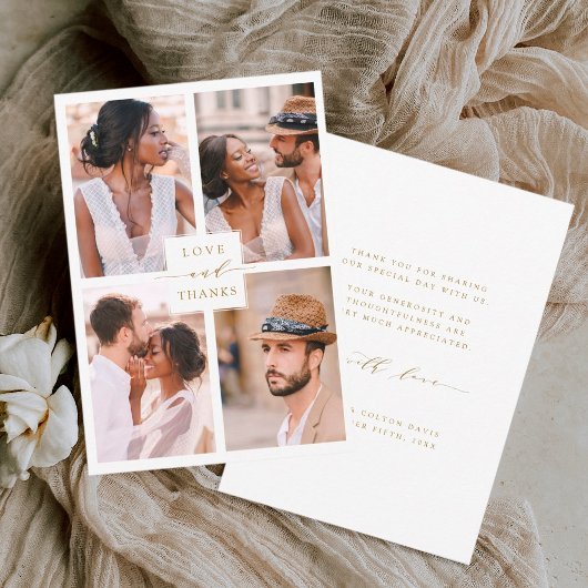 Modern 4 Photo Collage Gold Wedding Bedankkaart