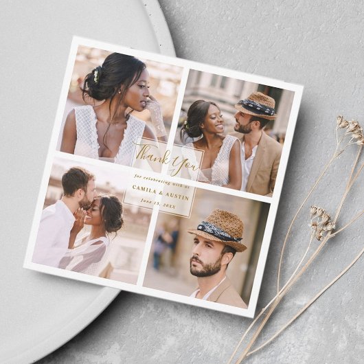 Modern 4 Photo Collage Gold Wedding Square Bedankkaart