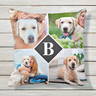 Modern 4 Photo Collage Monogram Pet Hondenliefhebb Kussen