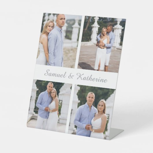 Modern 4 Photo Collage & Script Name Couple Reclamebord Met Voetstuk (Voorkant)