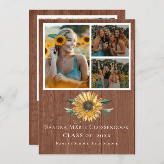 Modern 4 Photo Collage Sunflower afstuderen Rustic Aankondiging (Voorkant / Achterkant)