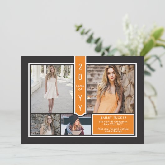 Modern 4-Photo College Oranje en zwart Afstuderen Aankondiging (Staand voorkant)