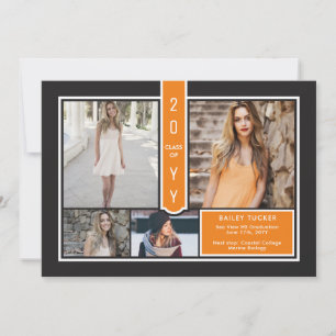Modern 4-Photo College Oranje en zwart Afstuderen Aankondiging