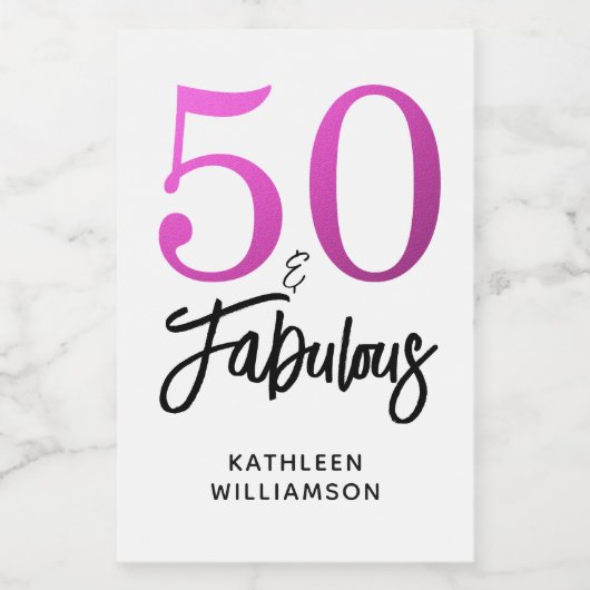 Modern 50 Fabulous Custom Name 50th Birthday Pink Wijn Etiket (Enkel label)